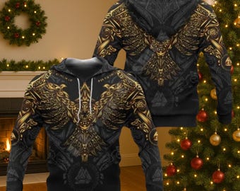 Unisex Gold Viking Eagle Hoodie, Black Norse Armor Pullover