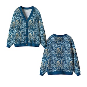 Ocean Octopus Wave-vesttrui, blauwe nautische gebreide stijl V-hals dichtgeknoopt Uniseks gezellig cadeau