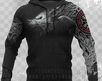 Sudadera con capucha de lobo vikingo nórdico: manga negra rúnica de Vegvisir, con arte de cuervo y lobo.