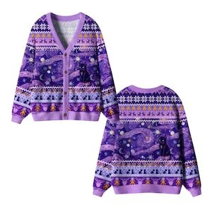 Cárdigan de punto con estampado de gato y noche estrellada, suéter morado con cuello en V y estampado de ciervo y campana.