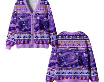 Starry Night Cat Knit Cardigan, Purple V-Neck Sweater, Deer & Bell Pattern
