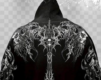 May include: Black hooded sweatshirt with a detailed white graphic design on the back. The design features skulls, a sword, and intricate patterns. The hood is up, and the background has a snowflake pattern.