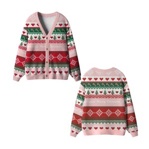 Pink Fair Isle Cardigan Sweater, Heart & Candy Cane Pattern, Cozy Button Up Knit, Winter Snowflake Tree Knitwear, Unisex