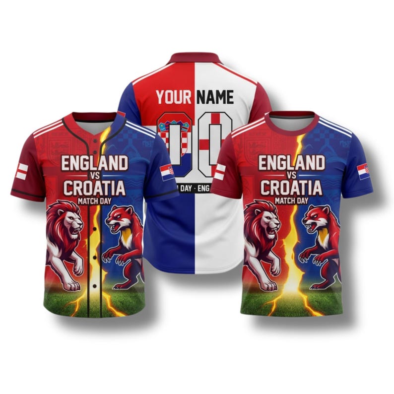 May include: Three sports jerseys in red, white, and blue. The jerseys display the text "England vs Croatia Match Day" and a lion graphic. One is a baseball style, one a polo, and one a t-shirt. The polo has space for a name and number.