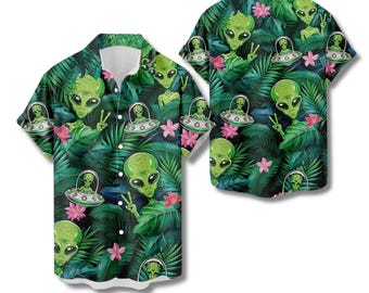 Alien Hawaiian Shirt, Tropical UFO Aloha Button Up, Jungle Print Vacation Beach Camp Shirt