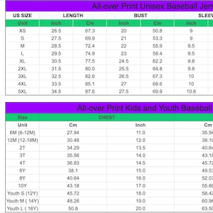May include: Diagrams of baseball jerseys with size charts. The top chart is for unisex sizes, showing measurements in inches and centimetres for length, bust, sleeve, and shoulder. The bottom chart is for kids and youth sizes, with chest and length measurements.