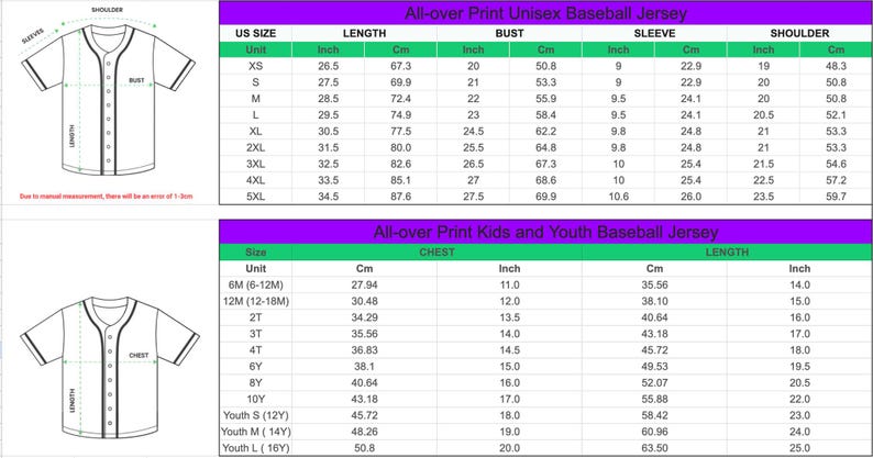May include: Diagrams of baseball jerseys with size charts. The top chart is for unisex sizes, showing measurements in inches and centimetres for length, bust, sleeve, and shoulder. The bottom chart is for kids and youth sizes, with chest and length measurements.