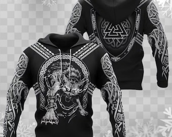 Sudadera con capucha de lobo nórdico Fenrir: jersey vikingo Valknut con nudo celta negro