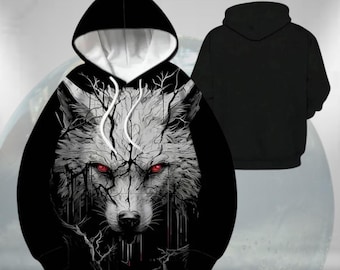 Gothic White Wolf Hoodie With Red Eyes, Dark Forest Pullover