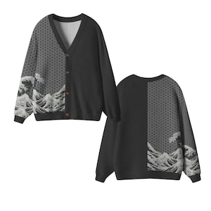 Cardigan giapponese Seigaiha Wave, maglione lavorato a maglia con bottoni e design diviso nero, estetica minimalista unisex con onde oceaniche