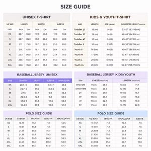 May include: Size guide chart for unisex t-shirts, kids & youth t-shirts, baseball jerseys, and polo shirts. Includes measurements in inches and centimetres for length, width, bust, sleeve, and shoulder. Also shows suggested heights.