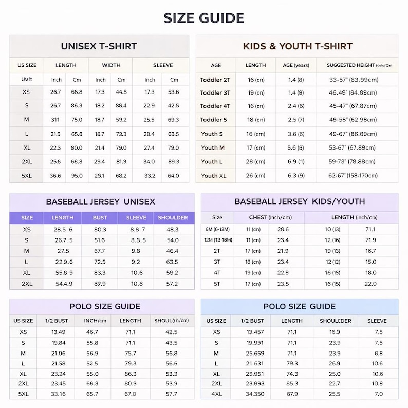 May include: Size guide chart for unisex t-shirts, kids & youth t-shirts, baseball jerseys, and polo shirts. Includes measurements in inches and centimetres for length, width, bust, sleeve, and shoulder. Also shows suggested heights.