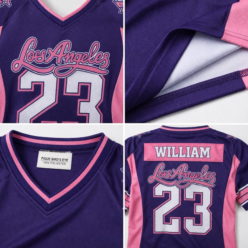 Op de afbeelding: Een paars en roze shirt met de tekst "Los Angeles" en het nummer "23" in het wit. Het shirt heeft een V-hals en de naam "William" staat op de achterkant. De stof is 100% polyester.