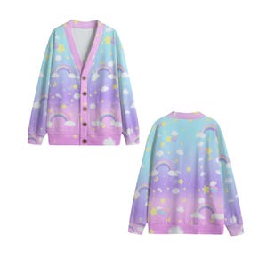 Pastel Rainbow Cardigan, Kawaii Sky Clouds Stars Moon Button-Up, Unisex V-Neck Cozy Sweater, Cute Pastel Aesthetic