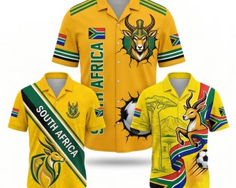 South Africa Hawaiian Shirts Trio, Yellow Green Soccer Fan Outfit, Springbok Flag Baobab Safari Gift for Match Party Travel Wear