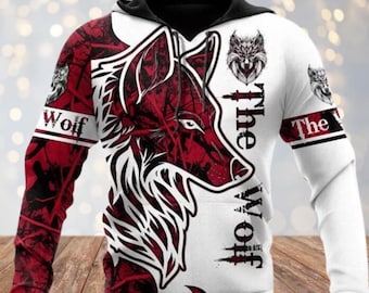 Red Wolf Hoodie – White & Black “The Wolf” Graphic Unisex Pullover Sweatshirt