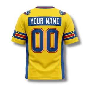 May include: Yellow jersey with blue and red accents. The back features the number "00" in blue with a red outline, and a blue rectangle with "YOUR NAME" in white. The sleeves have a star design.