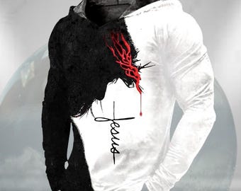 Jesus Cross Hoodie, Faith Black White Split Hoodie, Christian Streetwear Pullover, Grunge Cross Graphic Hoodie, Unisex Gift