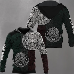 Custom Aztec Calendar Hoodie Personalized Name Mexican Eagle Print Tribal All Over Graphic Hoodie for Men Women