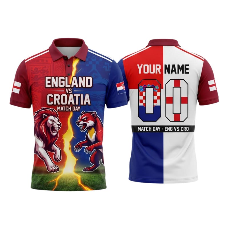May include: A football-themed polo shirt with a design for the England vs. Croatia match. The front displays a lion and a fox, with the text "England vs Croatia Match Day." The back has space for a name and the number "00."