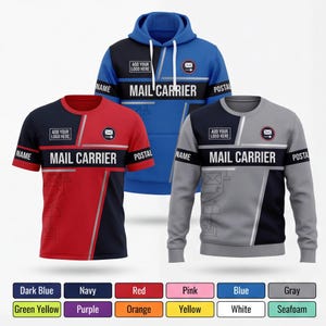 May include: A red short-sleeved t-shirt, a blue hooded sweatshirt, and a grey long-sleeved sweatshirt. Each garment features the text MAIL CARRIER, a placeholder for a logo, and a graphic of an envelope. The designs include black accents and white lines.