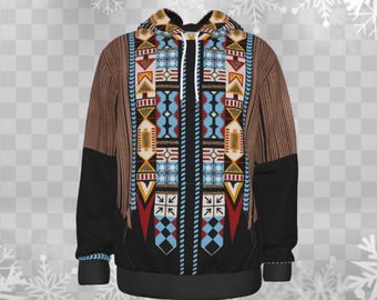 Southwestern Fringe Zip Hoodie – Black Boho Geometric Pattern Jacket, Unisex Festival Streetwear