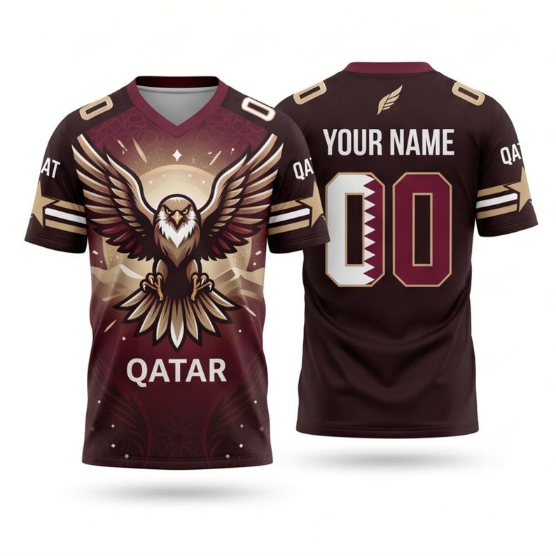 Op de afbeelding: Bordeaux en goudkleurig V-hals shirt met een grote adelaarsafbeelding. De voorkant van het shirt heeft het woord "QATAR" onder de adelaar. De achterkant heeft de tekst "YOUR NAME" boven het nummer "00" met een vlagontwerp.