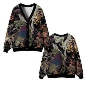 Trui met oni-vest, Yokai-demonprint, Samurai Tattoo Art Knit