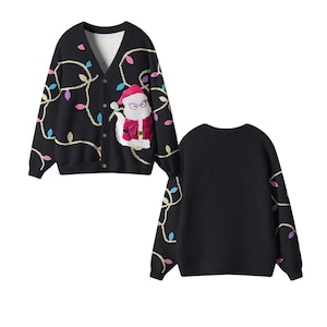 Black Knit Cat Cardigan, Colorful String Lights Design, Cozy Button Up Unisex Sweater
