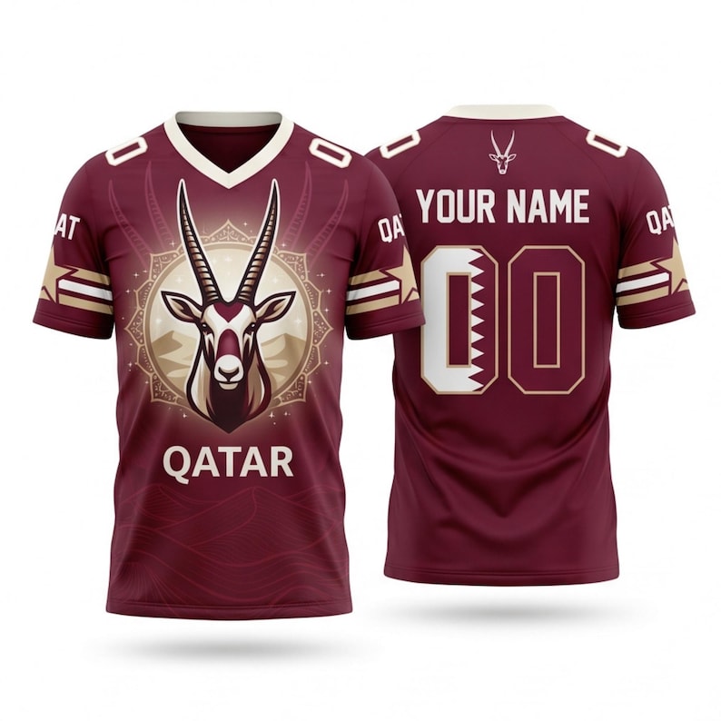 Op de afbeelding: Bordeauxrood shirt met een witte V-hals en gouden details. De voorkant toont een illustratie van een oryx en het woord "QATAR". De achterkant toont "YOUR NAME" boven het nummer "00" met een wit en bordeauxrood ontwerp.