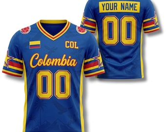 Op maat gemaakt Colombia voetbalshirt met V-hals en gepersonaliseerde naam en nummer