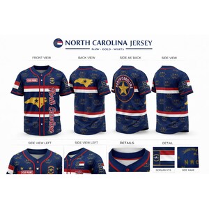 May include: A navy blue North Carolina jersey with white and red stripes. The jersey features the North Carolina state outline, a star, and the text "North Carolina." The jersey has short sleeves and a button-up front. The text "YOUR NAME" is also visible.