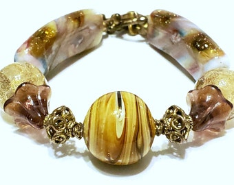 Brown and Gold Swirl Lampwork Beaded Bracelet