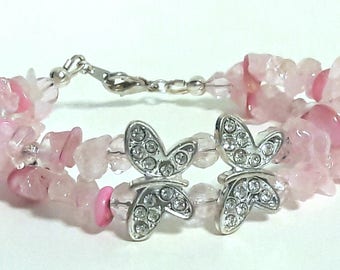 Pink Gemstone and Silver Crystal Butterfly Bracelet - Teenagers