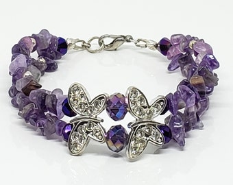 Purple Gemstone Silver  Crystal Butterfly Bracelet - youngadult