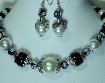 Black and White Pearl Beaded Necklace with matching Dangled Earrings