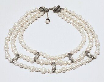 Three Strand White Water Pearl Necklace