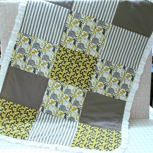 Gray, White, Yellow Patchwork Baby Blanket/Quilt With Zoo Animals