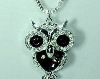 Black and Silver Crystal Owl Pendant Necklace