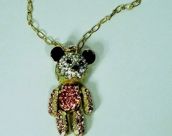 Gold Bear Pendant with Pink and White Crystals