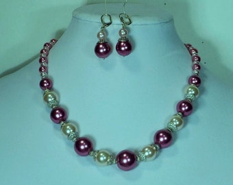 Wine and White Pearl Necklace with Dangled Earrings