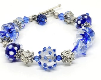 Blue Sky Swirl Lampwork and Silver Beaded Bracelet