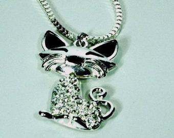 Silver Crystal Cat Pendant Necklace