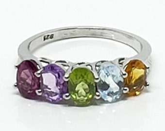 Amethyst, Citrine, Rhodolite Garnet, Hebei Peridot, Sky Blue Topaz Ring