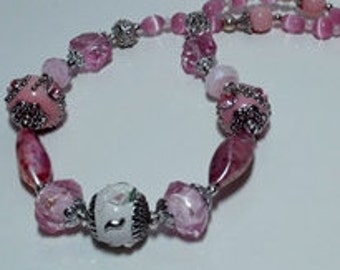 Pink, White and Silver Lampwork Necklace