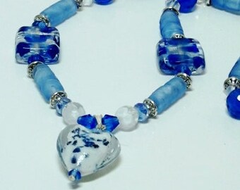 Blue and White Heart Necklace