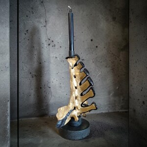 Peut inclure: Une bougie effilée noire tenue par un bougeoir texturé peint en doré, en forme de colonne vertébrale. Le support est monté sur une base circulaire solide gris foncé, avec une finition dorée métallique sur le devant et des bords noirs.