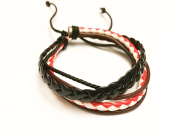 Black and Brown eather with Red and White braided leather bracelet