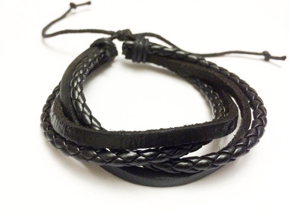 Black braided cord interlaced with Black leather bracelet | Etsy