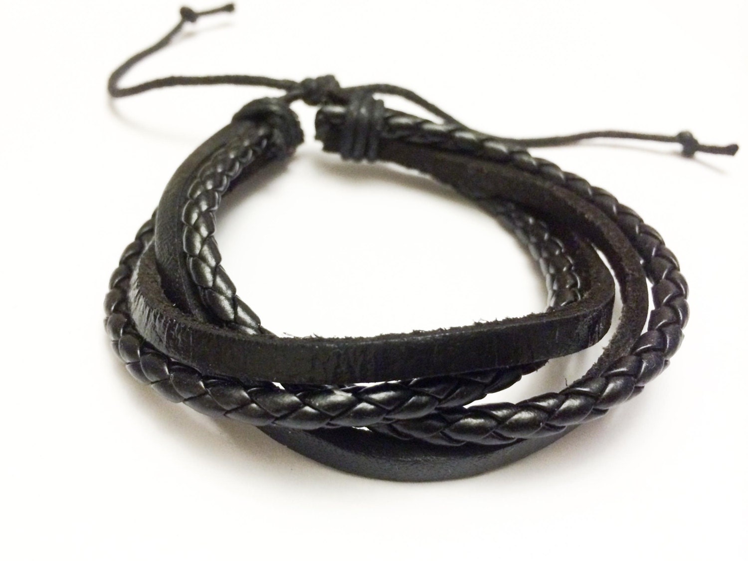 Black Braided Cord Interlaced With Black Leather Bracelet - Etsy